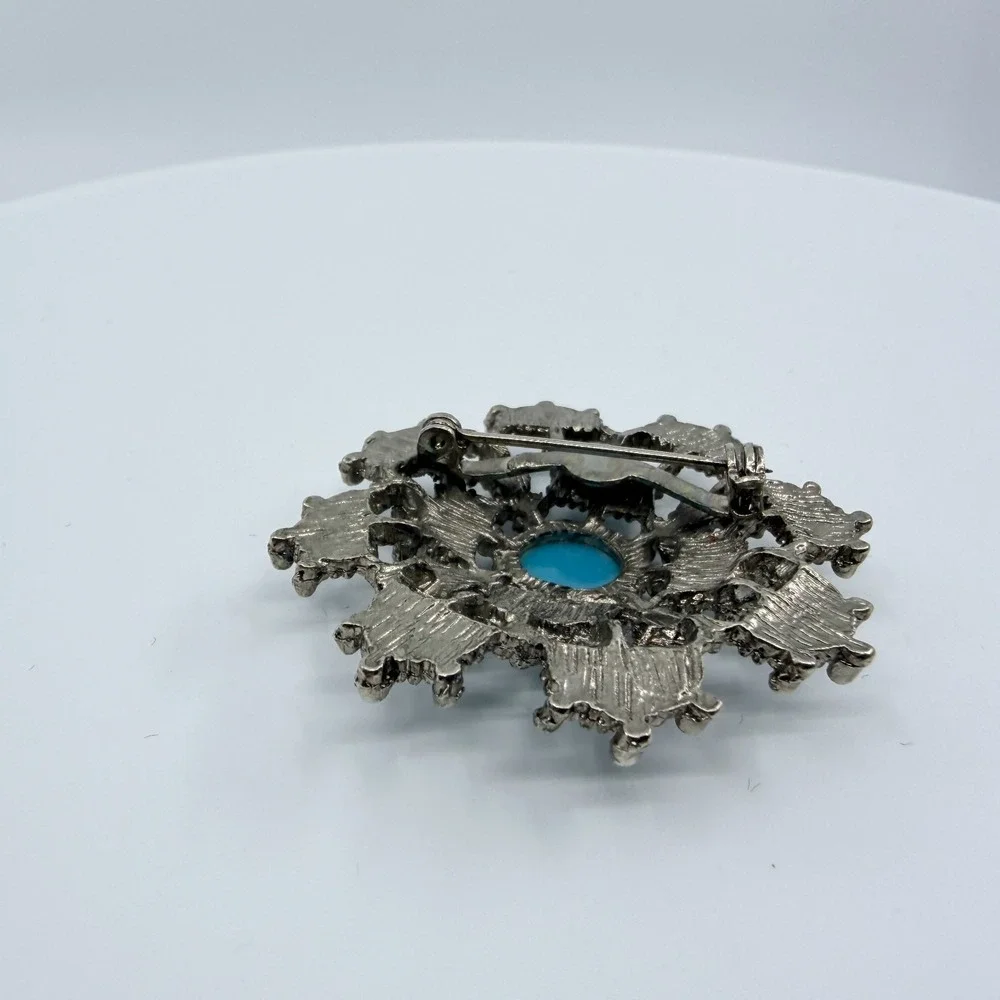 Vintage Silver Tone Simulated Turquoise Flower Brooch Pin Boho Retro Ornate‎ 90s